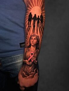 Black and grey religious Madonna portrait sleeve tattoo — Undertone Tattoos Mohali