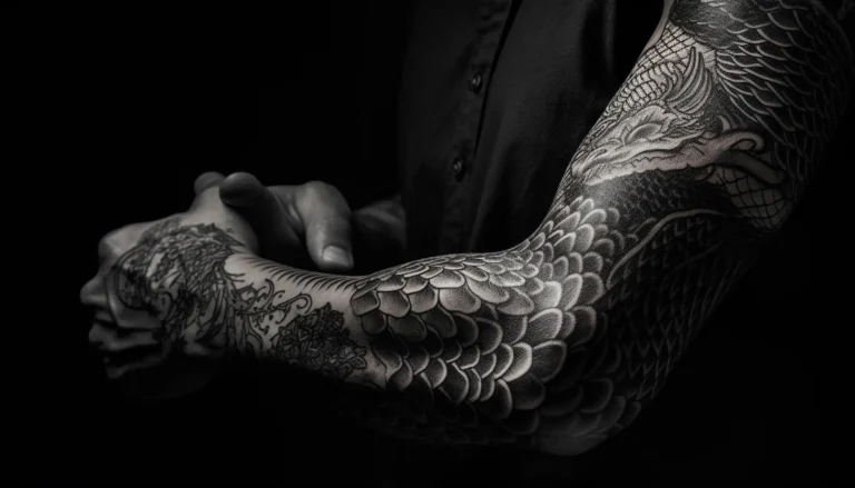 Detailed black and grey tattoo on dark background